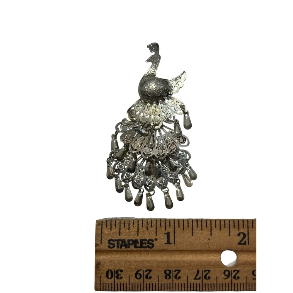 Vintage Silver Tone Intricate Filigree Openwork Layered Peacock Brooch Pin